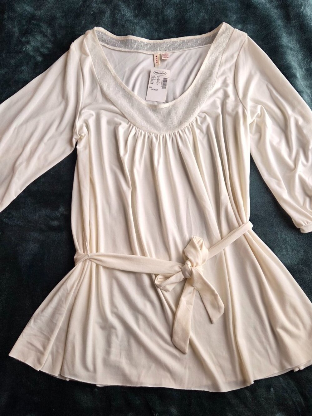 LOX Dressy Blouse by Mandee 3/4 Sleeves Sheer Neck Accent & Tie Front Size M